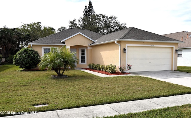 ranch-style home with a garage and a front yard