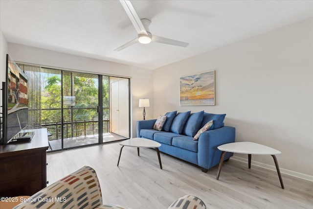 living room featuring ceiling fan and light hardwood / wood-style floors