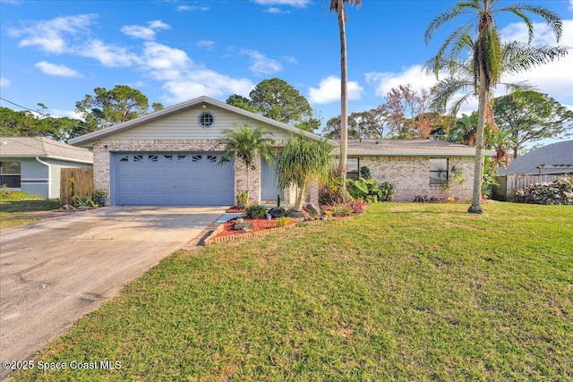 single story home with a garage and a front yard