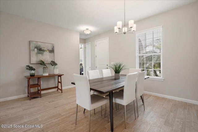 dining space featuring light wood finished floors and baseboards