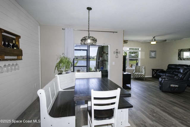 dining room with dark hardwood / wood-style flooring, ceiling fan, and wood walls