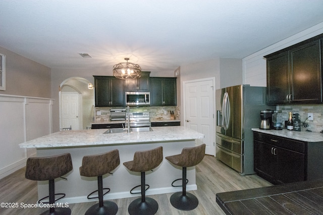 kitchen featuring backsplash, sink, an island with sink, and appliances with stainless steel finishes