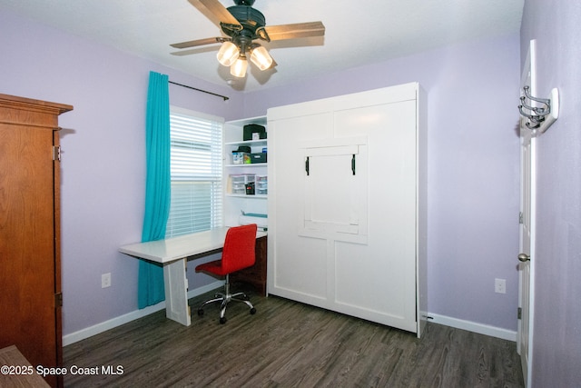 home office featuring dark wood-type flooring and ceiling fan