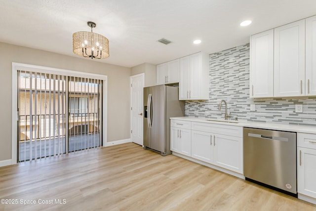 kitchen with sink, decorative light fixtures, white cabinets, stainless steel appliances, and backsplash