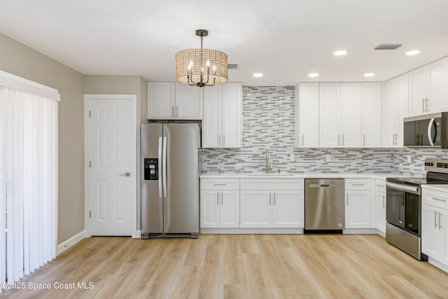 kitchen featuring tasteful backsplash, sink, white cabinets, hanging light fixtures, and stainless steel appliances