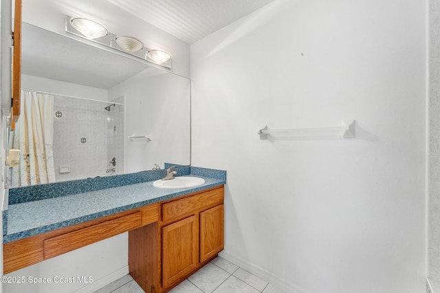 926 Pine Creek Cir NE, Palm Bay, FL 32905 - full bath with tile patterned floors, vanity, and a shower with shower curtain