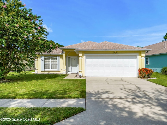 926 Pine Creek Cir NE, Palm Bay, FL 32905 - ranch-style home with driveway, stucco siding, an attached garage, and a front yard