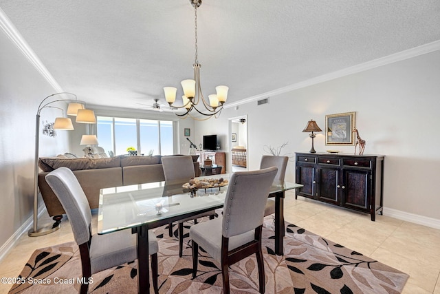 dining area with an inviting chandelier, crown molding, light tile patterned flooring, and a textured ceiling