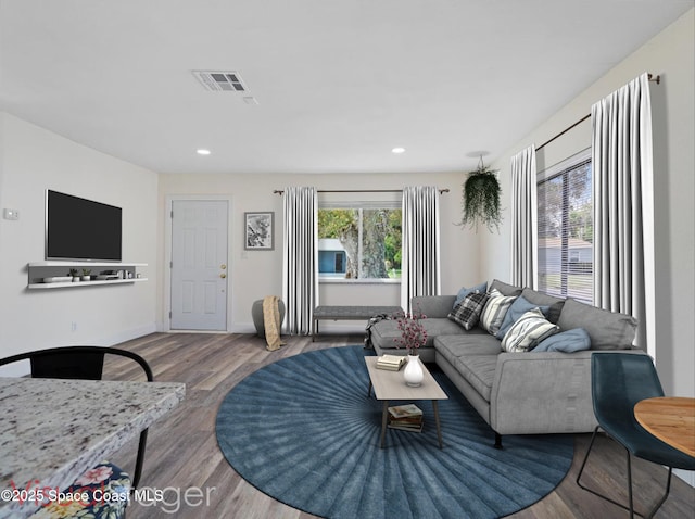 living room featuring a healthy amount of sunlight and hardwood / wood-style floors