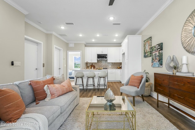 living room featuring crown molding and dark wood-type flooring