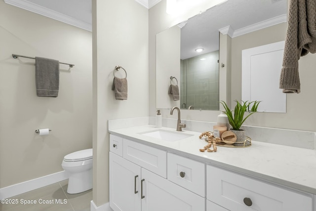 bathroom featuring walk in shower, tile patterned floors, toilet, ornamental molding, and vanity