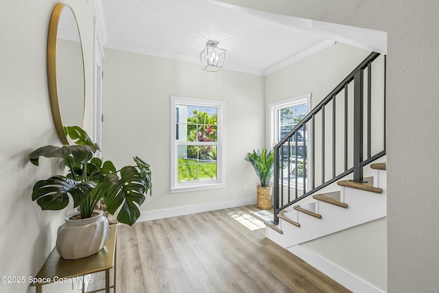 foyer entrance with hardwood / wood-style flooring and crown molding