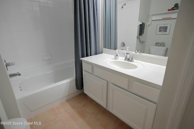 full bathroom with shower / tub combo with curtain, vanity, toilet, and tile patterned flooring