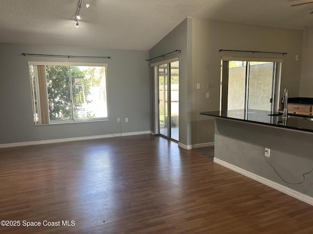 unfurnished living room featuring a textured ceiling, vaulted ceiling, dark wood-style floors, and a sink