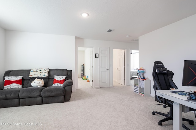 carpeted office space with a textured ceiling