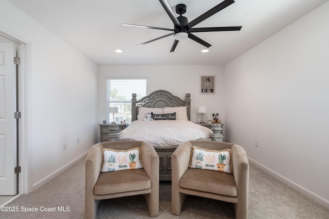 bedroom with light colored carpet and ceiling fan