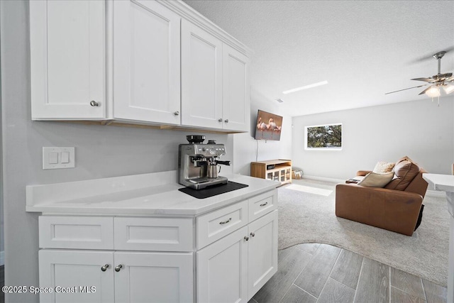 kitchen featuring ceiling fan, hardwood / wood-style floors, white cabinets, and a textured ceiling