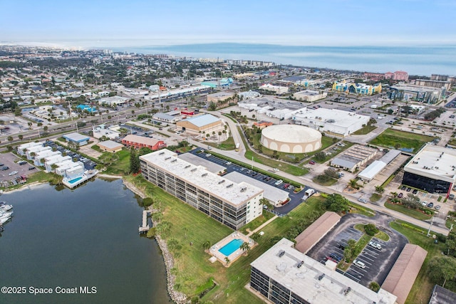 aerial view featuring a water view