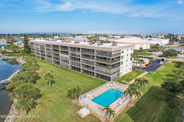 drone / aerial view with a water view