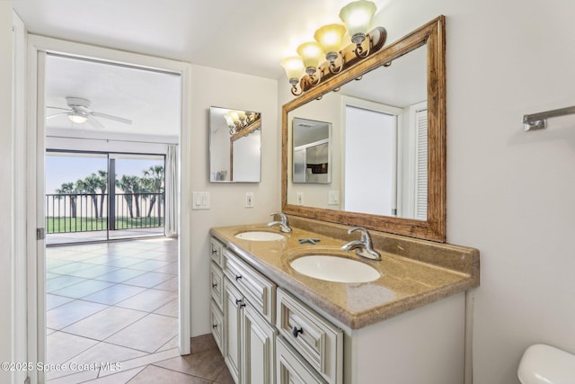 bathroom featuring ceiling fan, vanity, toilet, and tile patterned floors