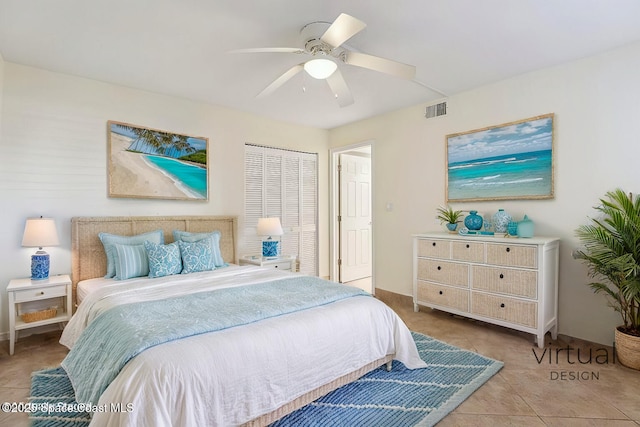 bedroom with tile patterned floors, visible vents, and ceiling fan