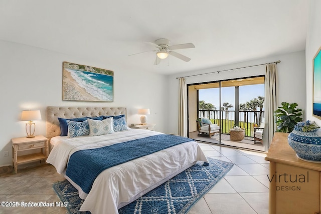 bedroom featuring light tile patterned floors, ceiling fan, and access to outside