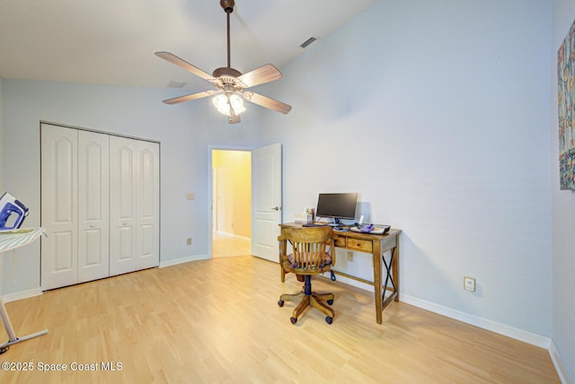 office with ceiling fan, high vaulted ceiling, and light wood-type flooring