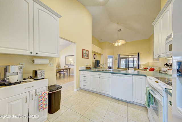 kitchen featuring white appliances, kitchen peninsula, sink, and white cabinets