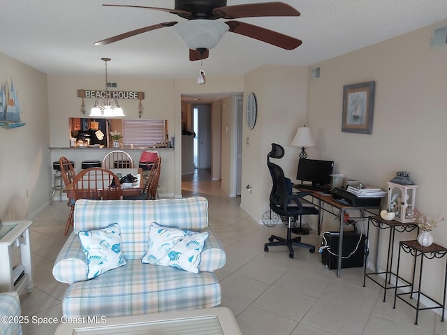 tiled office with ceiling fan