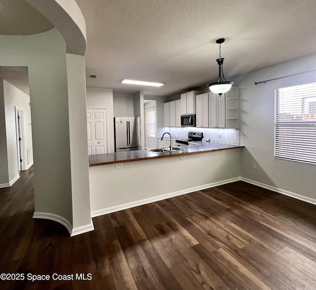 kitchen featuring a wealth of natural light, a peninsula, stainless steel appliances, and dark wood-type flooring