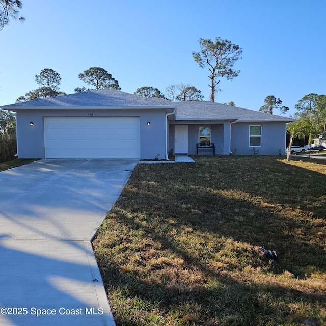 ranch-style house with a garage and a front yard