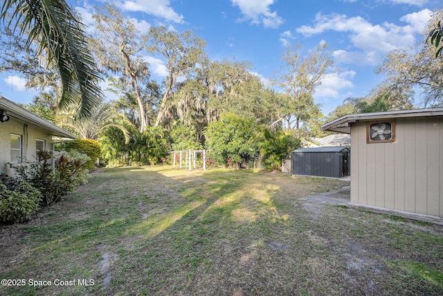 view of yard with a storage unit