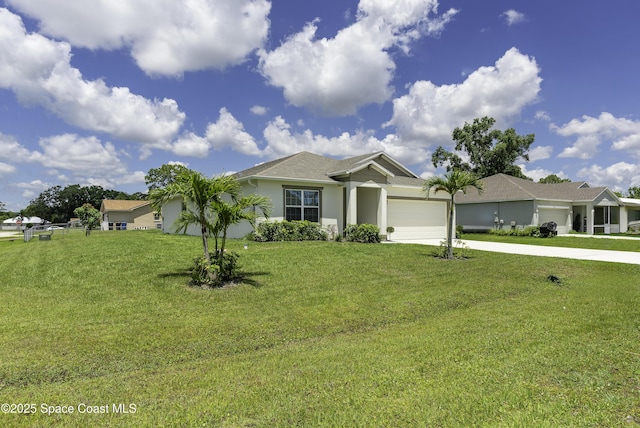 724 San Filippo Dr SE, Palm Bay, FL 32909 - ranch-style house with driveway, a garage, stucco siding, and a front lawn