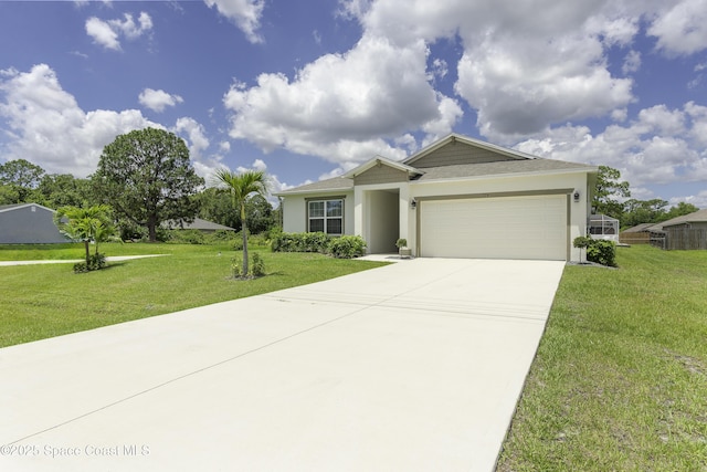 724 San Filippo Dr SE, Palm Bay, FL 32909 - ranch-style home with driveway, a garage, a front yard, and stucco siding