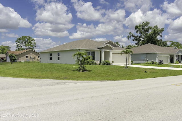 724 San Filippo Dr SE, Palm Bay, FL 32909 - ranch-style home featuring concrete driveway, an attached garage, stucco siding, and a front lawn