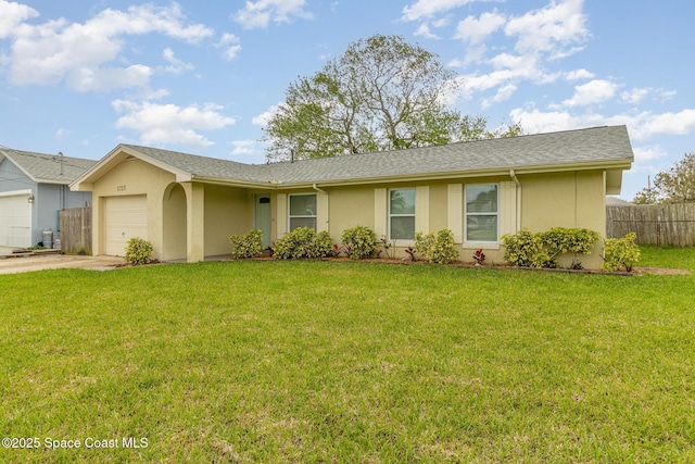 ranch-style home with a front yard, an attached garage, fence, and stucco siding