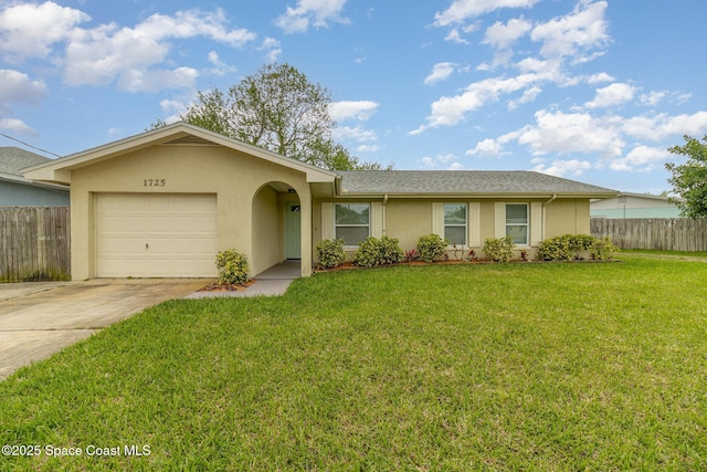 ranch-style house featuring stucco siding, driveway, a front yard, and fence