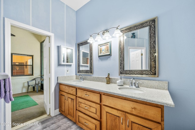 bathroom with hardwood / wood-style flooring and vanity