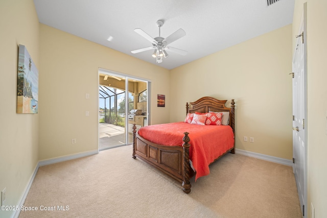 bedroom featuring ceiling fan, light colored carpet, and access to exterior