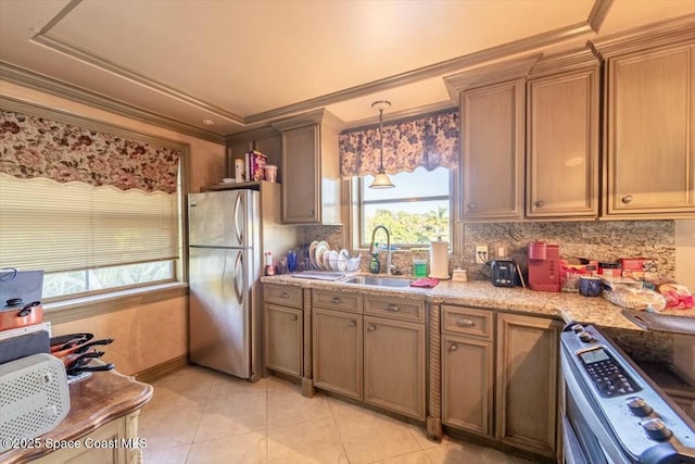 kitchen featuring sink, crown molding, tasteful backsplash, decorative light fixtures, and appliances with stainless steel finishes