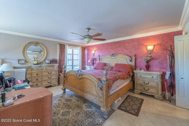 bedroom with crown molding, light tile patterned flooring, and ceiling fan