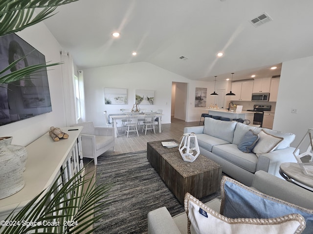 living room featuring lofted ceiling, dark wood-type flooring, and sink