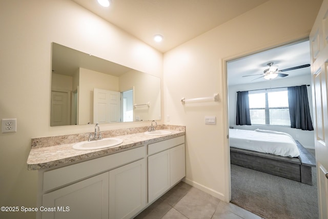 bathroom with vanity, tile patterned floors, and ceiling fan