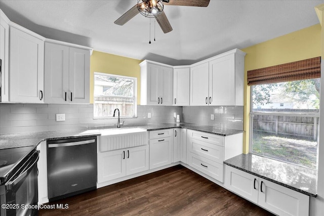 kitchen featuring dishwasher, white cabinets, dark hardwood / wood-style flooring, and black range with electric cooktop