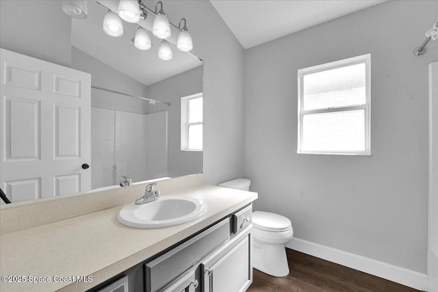 bathroom with vanity, toilet, hardwood / wood-style floors, and a shower