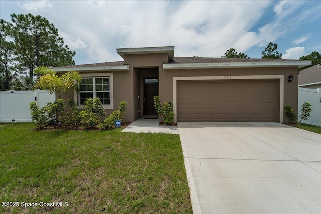 view of front of house with stucco siding, a garage, concrete driveway, and fence