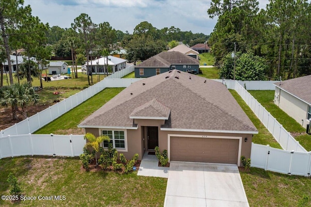 single story home with a fenced backyard, a front lawn, and a gate