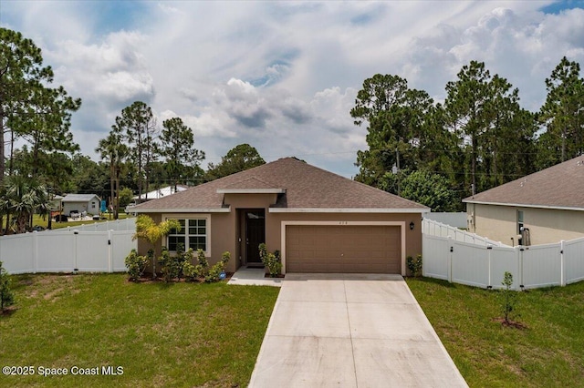 ranch-style home featuring a fenced backyard, concrete driveway, a front yard, and a gate