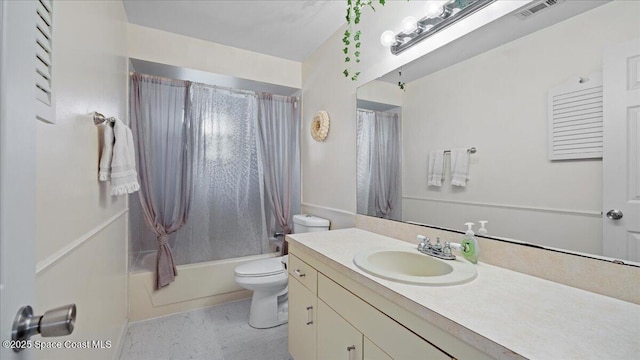 full bathroom with vanity, shower / bath combo with shower curtain, and toilet