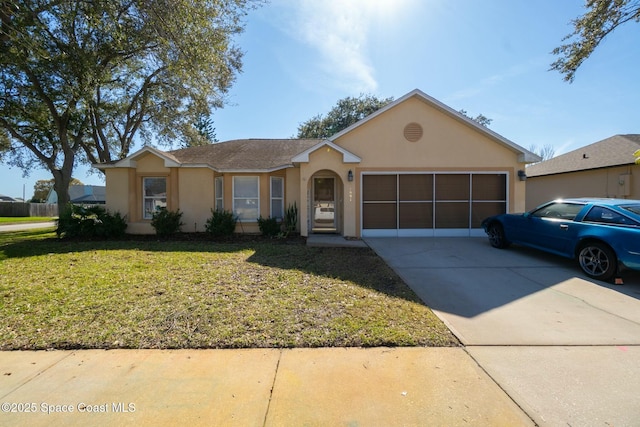 ranch-style home featuring a garage and a front lawn